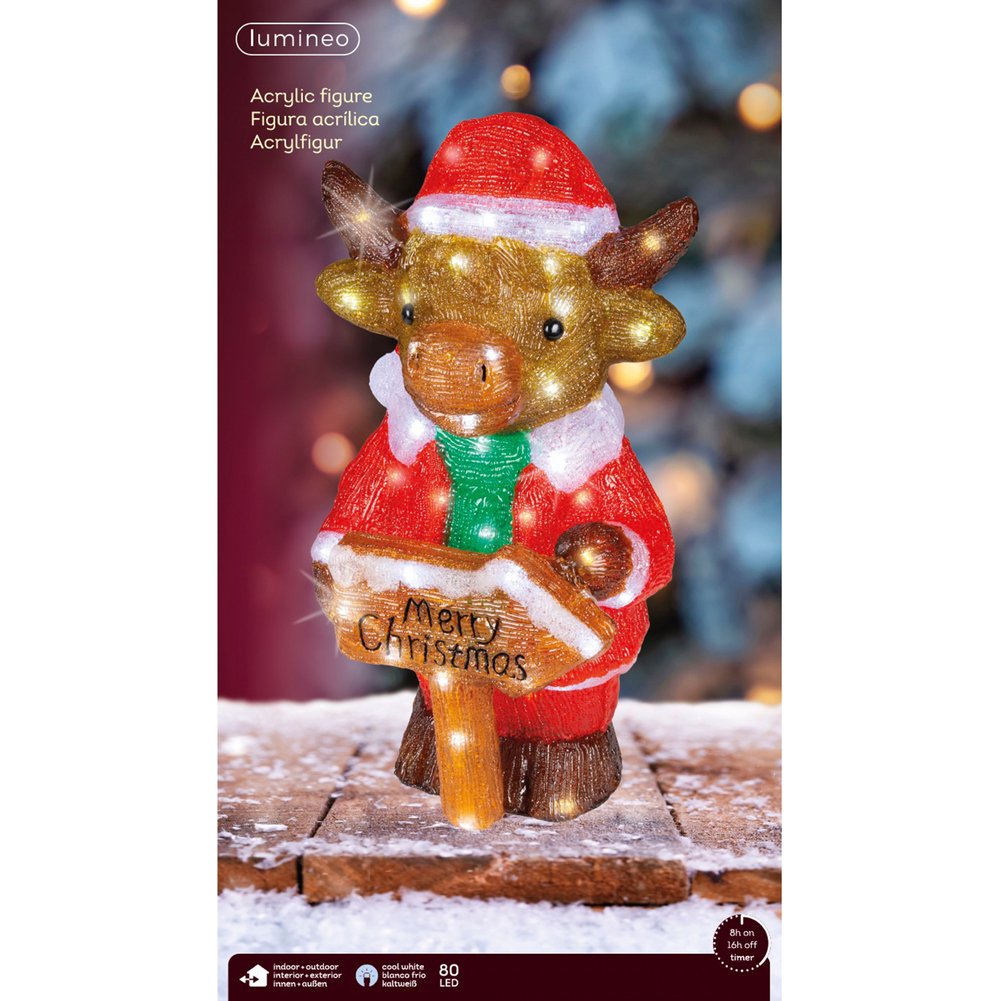 Mucca con scritta Merry Christmas, luminoso a LED in acrilico, marrone, per esterno, 44cm 1