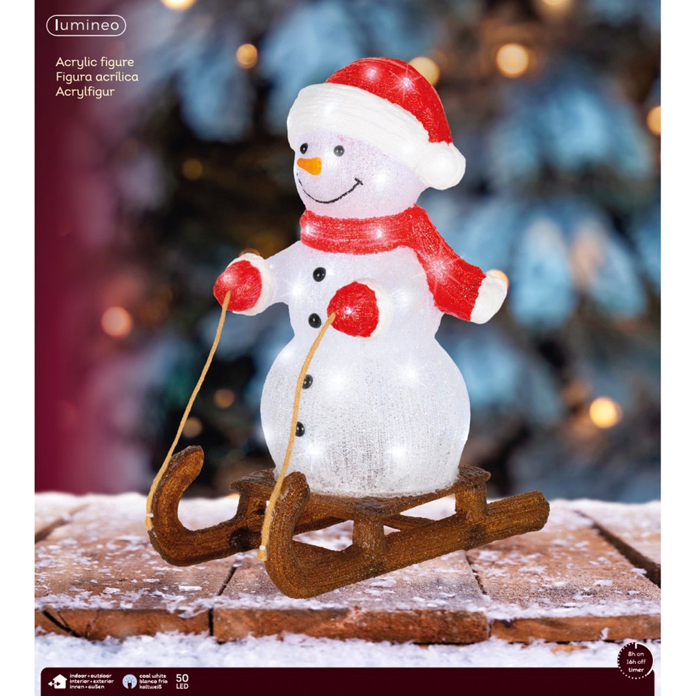 Pupazzo di neve su slitta, luminoso a LED in acrilico, bianco, per esterno, 48,8cm 1