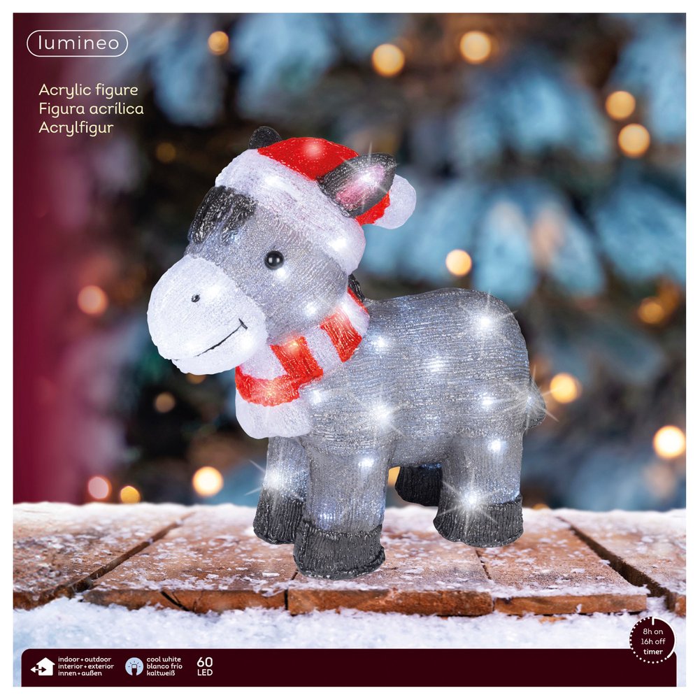 Asinello con cappello e sciarpa, luminoso a LED in acrilico, grigio, per esterno, 37cm 1