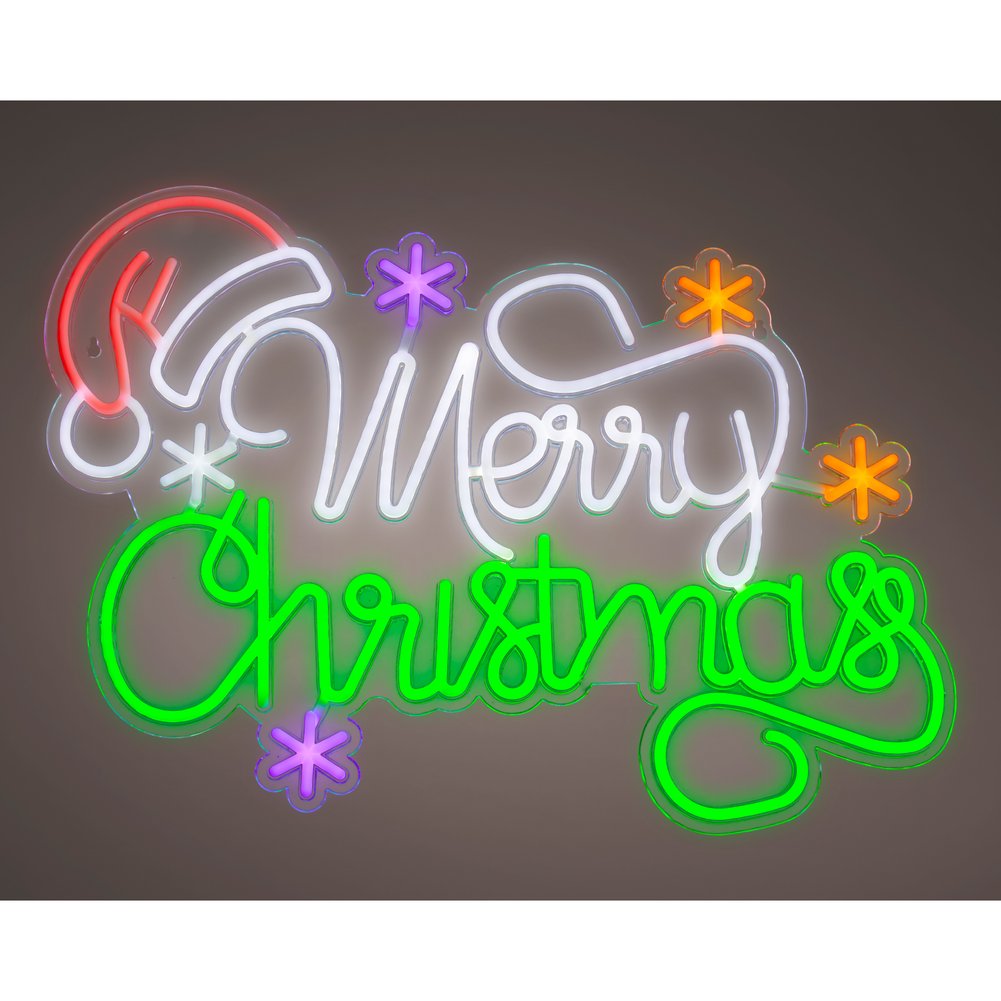 Insegna luminosa led Scritta Merry Christmas con cappellino effetto neon 41,5cm per interno 2
