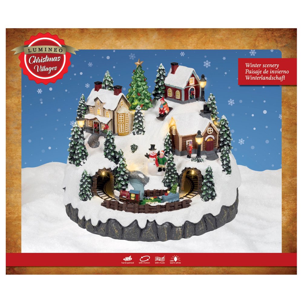Scenografia luminosa Villaggio innevato con trenino, movimento e musica, 23,5cm per interno 1