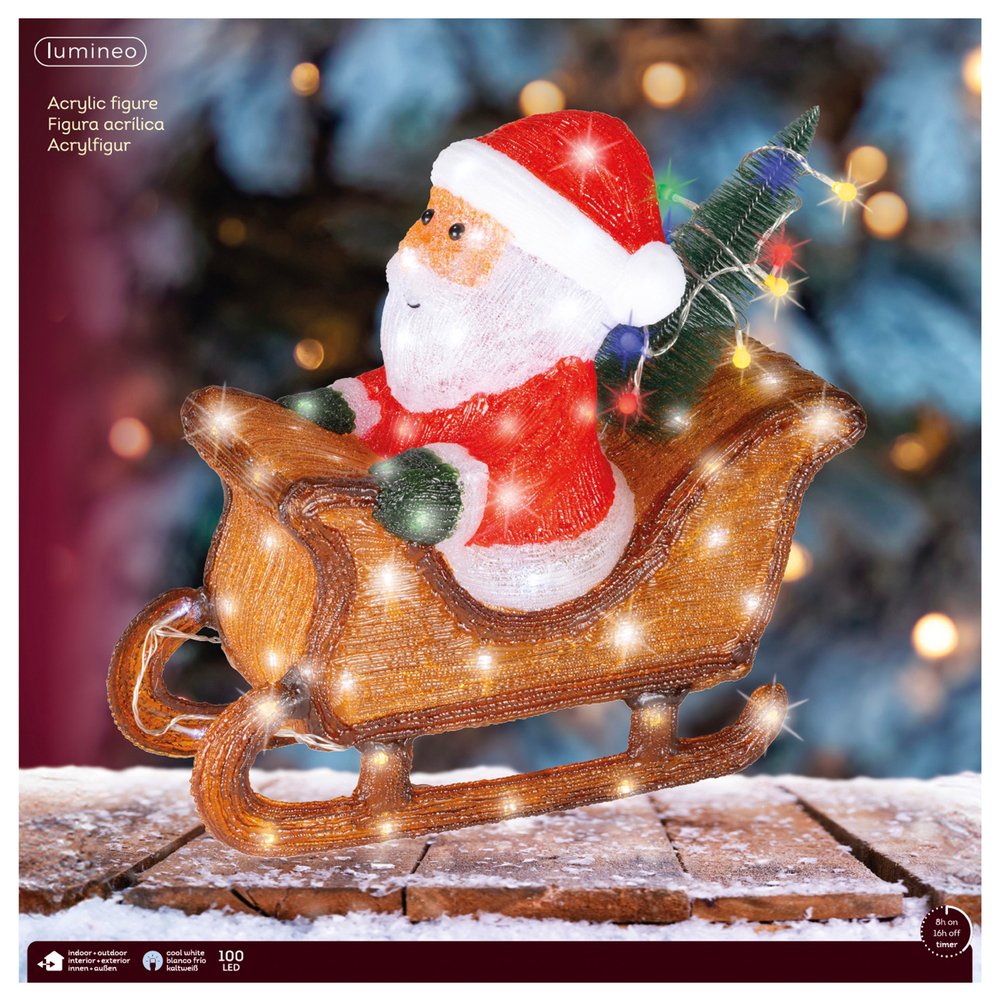 Babbo Natale con albero su slitta, luminoso a LED in acrilico, marrone, per esterno, 40cm 1
