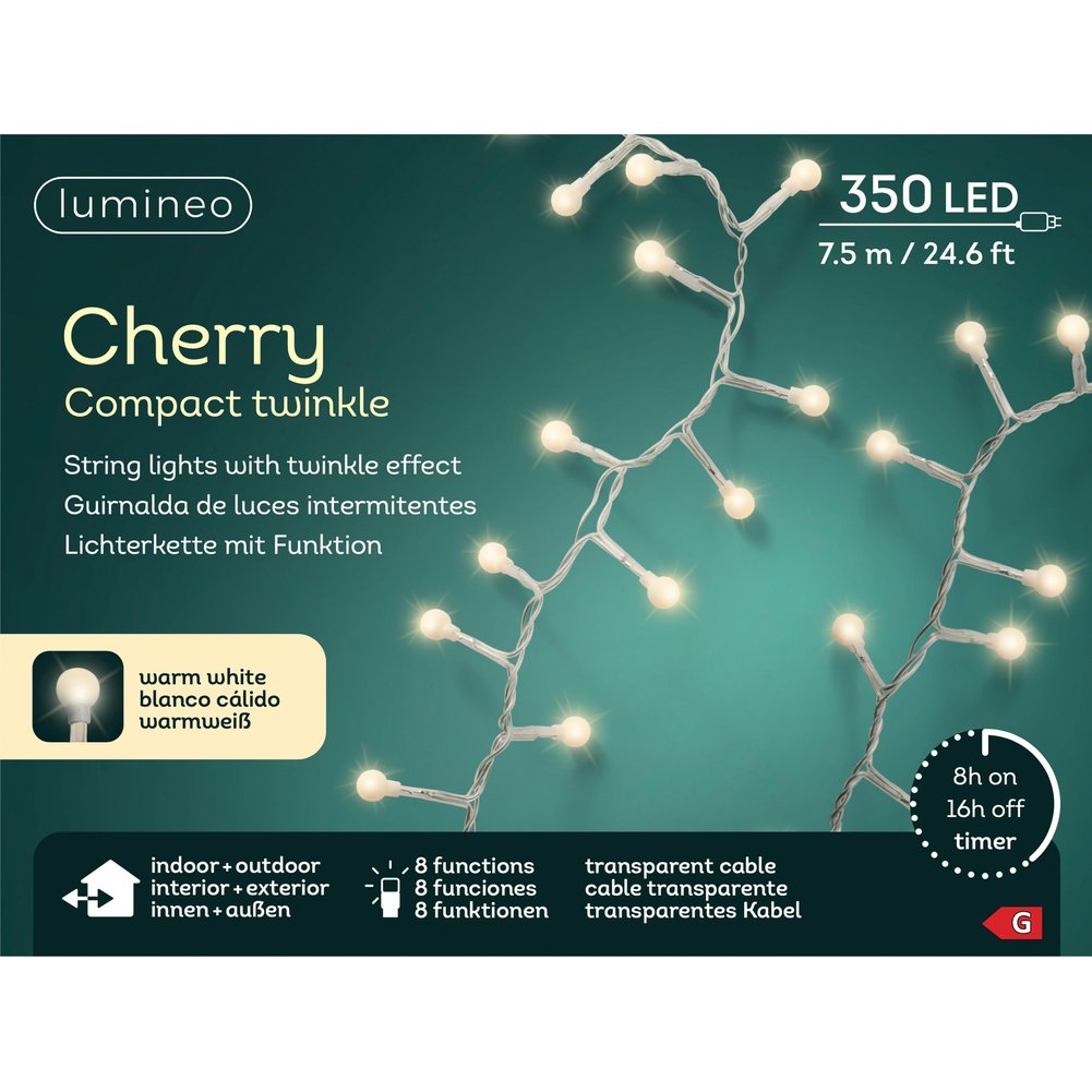 Filo di luci 350 LED ciliegia in rame, effetto twinkle 8 funzioni, cavi trasparente 7,5 m per esterno 1