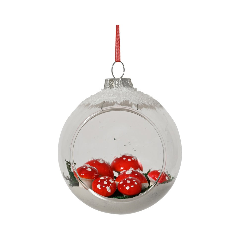 Pallina di vetro trasparente con funghetti e neve 8cm 1
