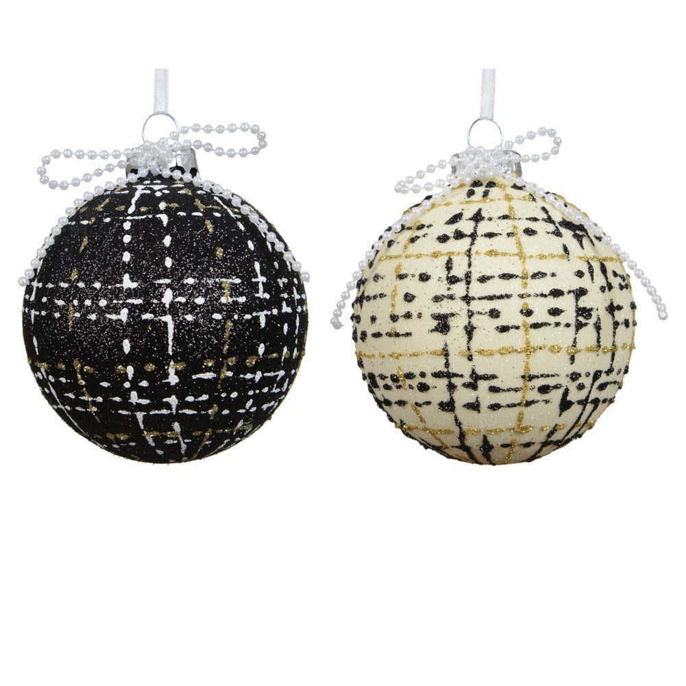 Pallina di vetro tartan bianco e nero con fiocco perlato 2 colori assortiti 8cm 1pezzo 1