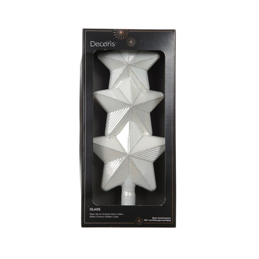 Puntale per albero in vetro smaltato a stella con righe glitterate argento 27cm 2