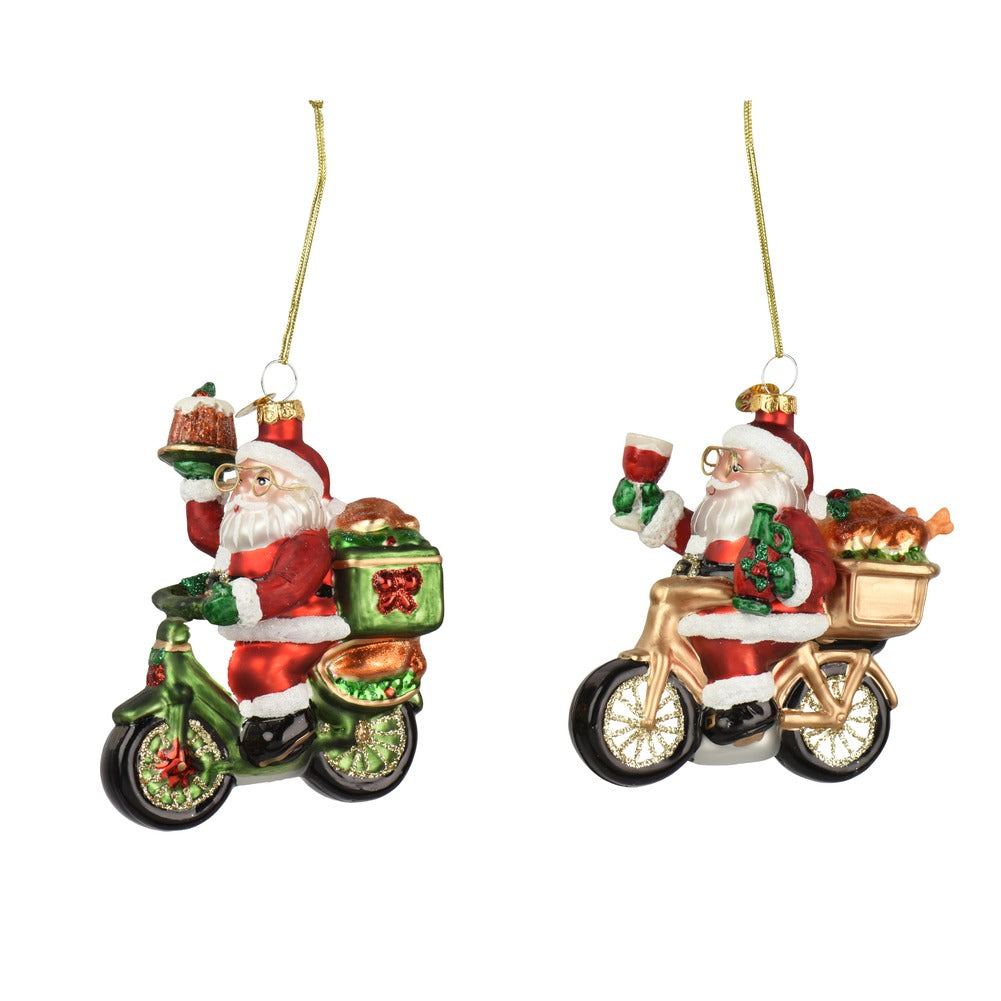 Formina in vetro Babbo Natale in bicicletta, 2 varianti assortite, glitterata 1pezzo 1