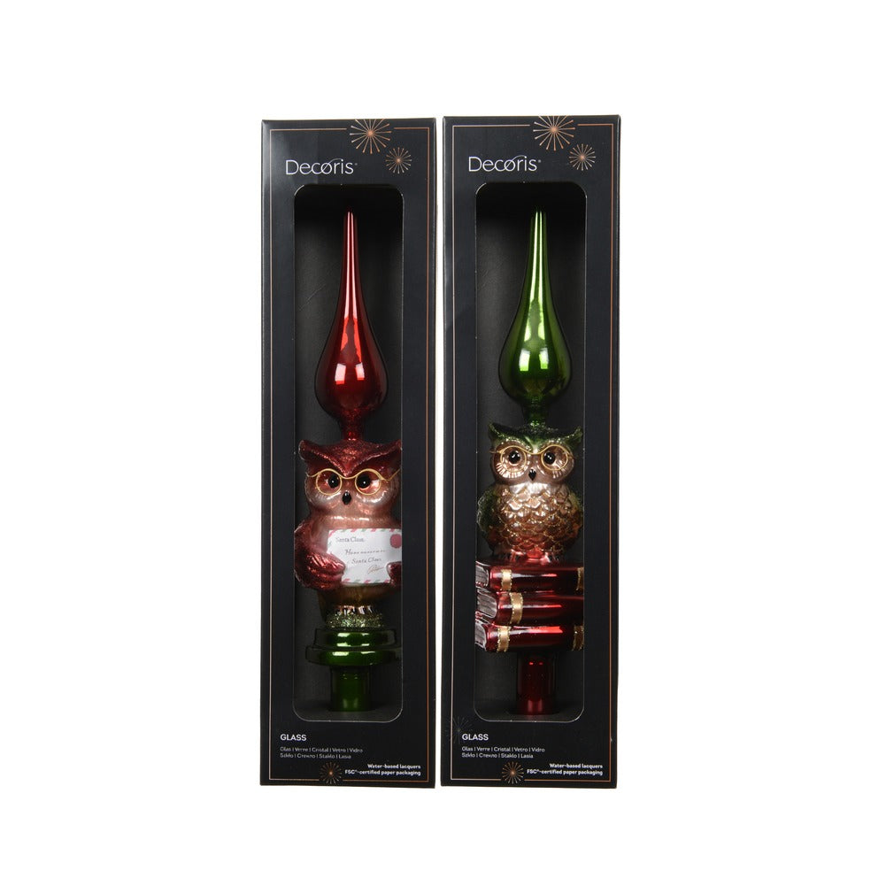Puntale per albero in vetro glitterato con gufo 2 varianti assortite 1pezzo 2