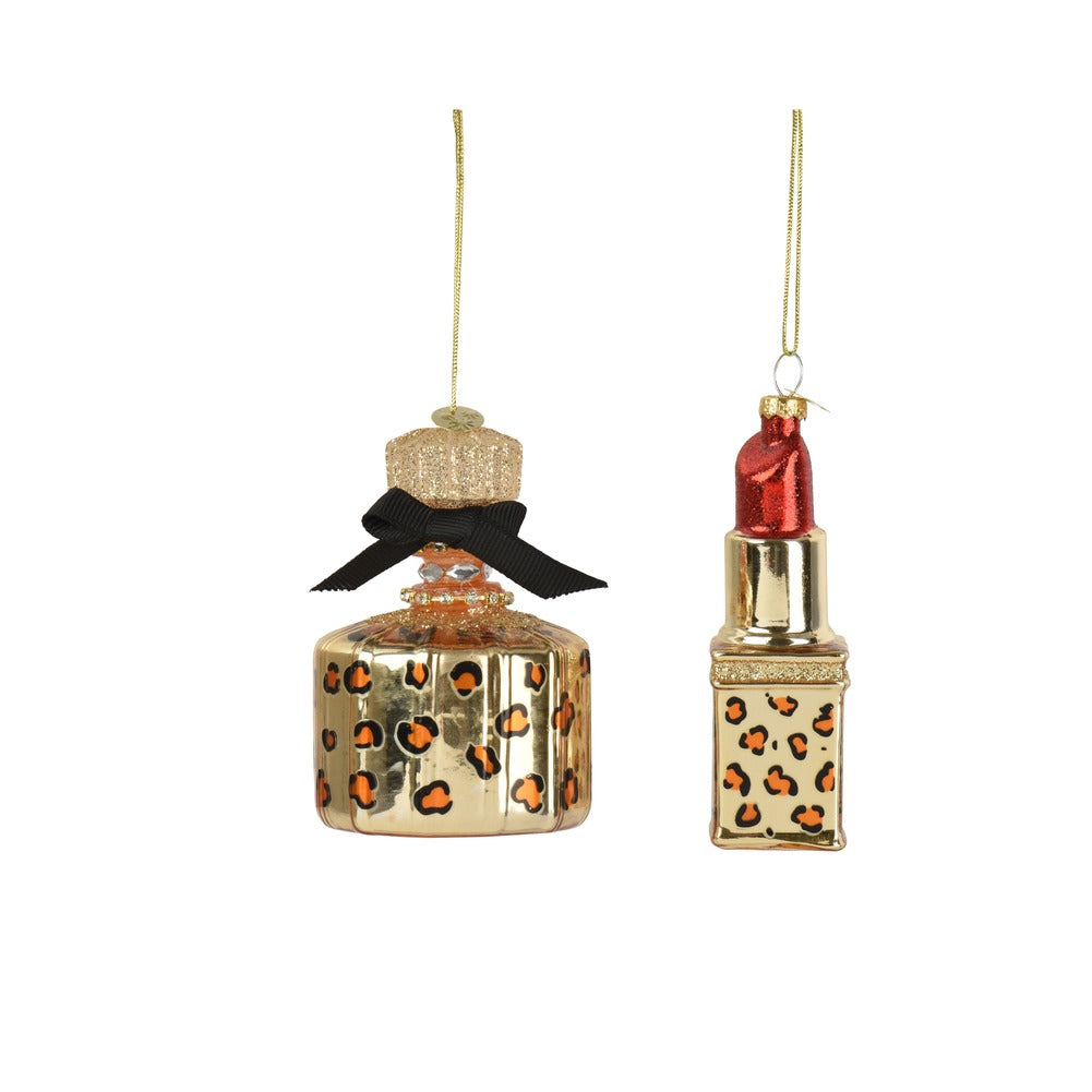 Formina in vetro a forma di profumo e rossetto leopardato, 2 varianti assortite, 9,7cm 1pezzo 1