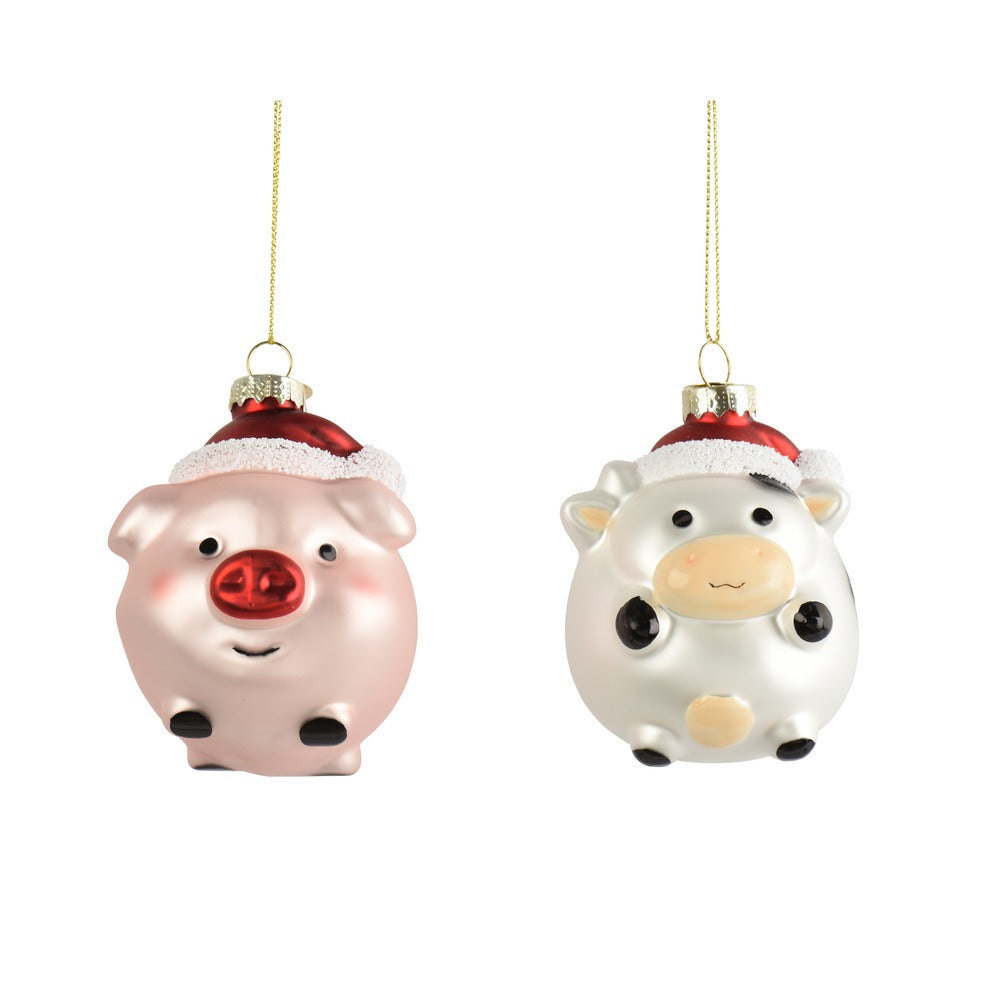 Formina in vetro maialino e mucca con cappello rosso, 2 varianti assortite, 10cm 1pezzo 1