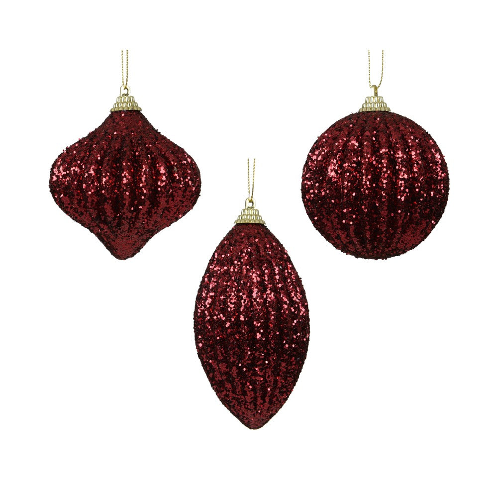 Pallina decorativa glitterata rosso bordeaux 3 forme assortite 8cm 1pezzo 1