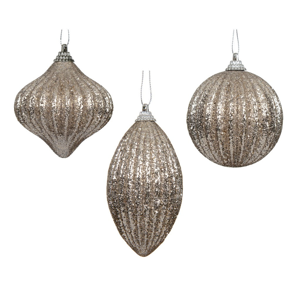 Pallina decorativa glitterata grigio perla 3 forme assortite 8cm 1pezzo 1