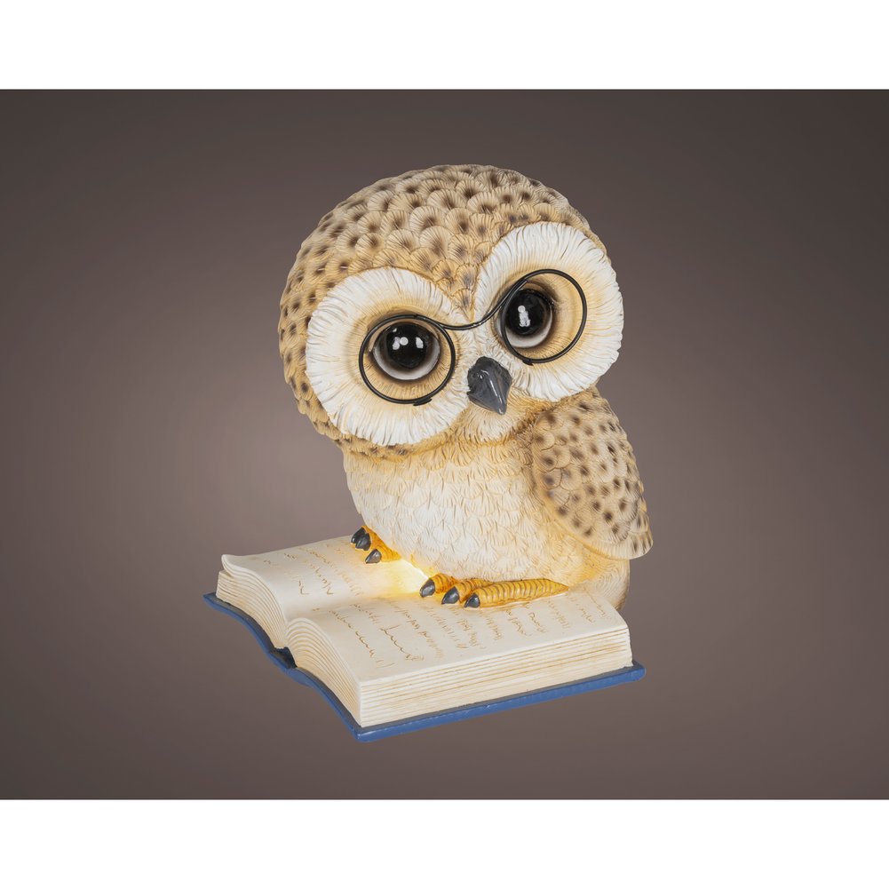 Gufo su pila di libri luminoso a batteria, per interno, 24,5cm 2