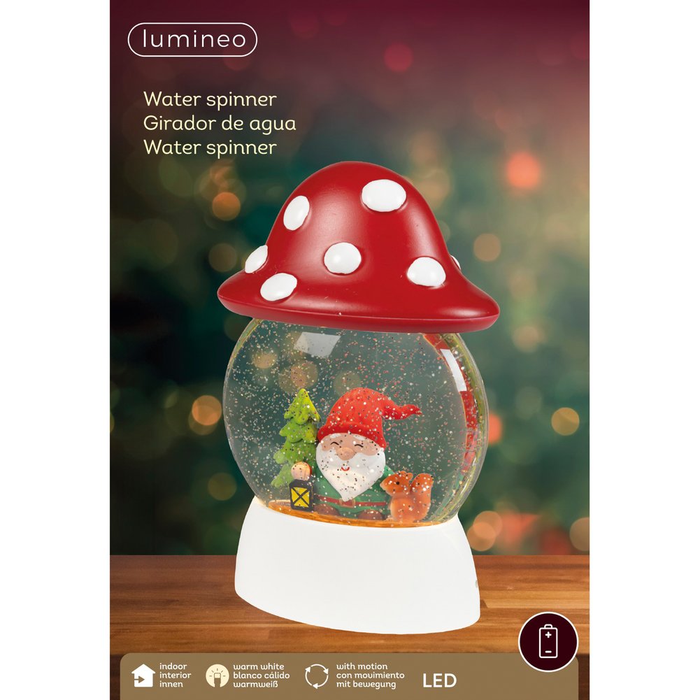 Boule de neige luminosa a batteria a forma di fungo con movimento e musica 27cm 1