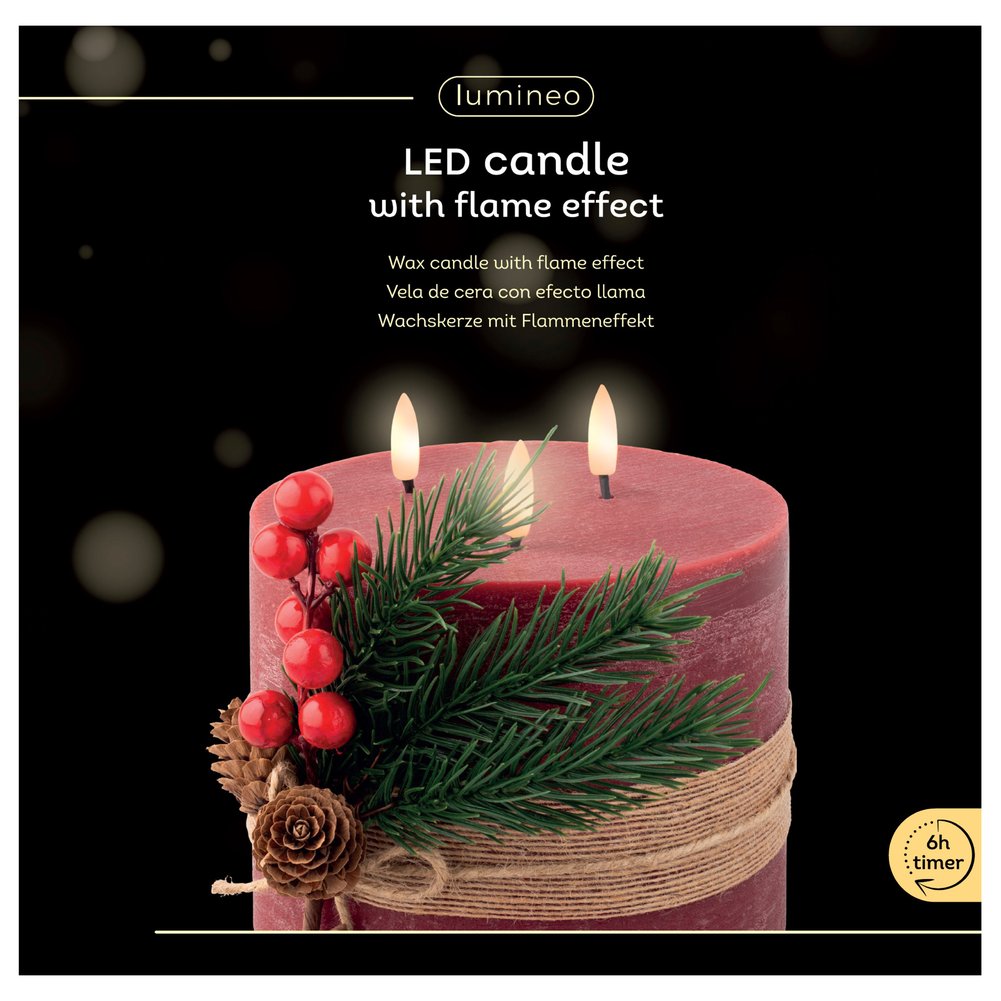 Candela LED effetto fiamma in cera rossa con foglie decorative diam.15xH.15cm 1