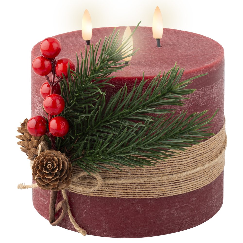 Candela LED effetto fiamma in cera rossa con foglie decorative diam.15xH.15cm 2