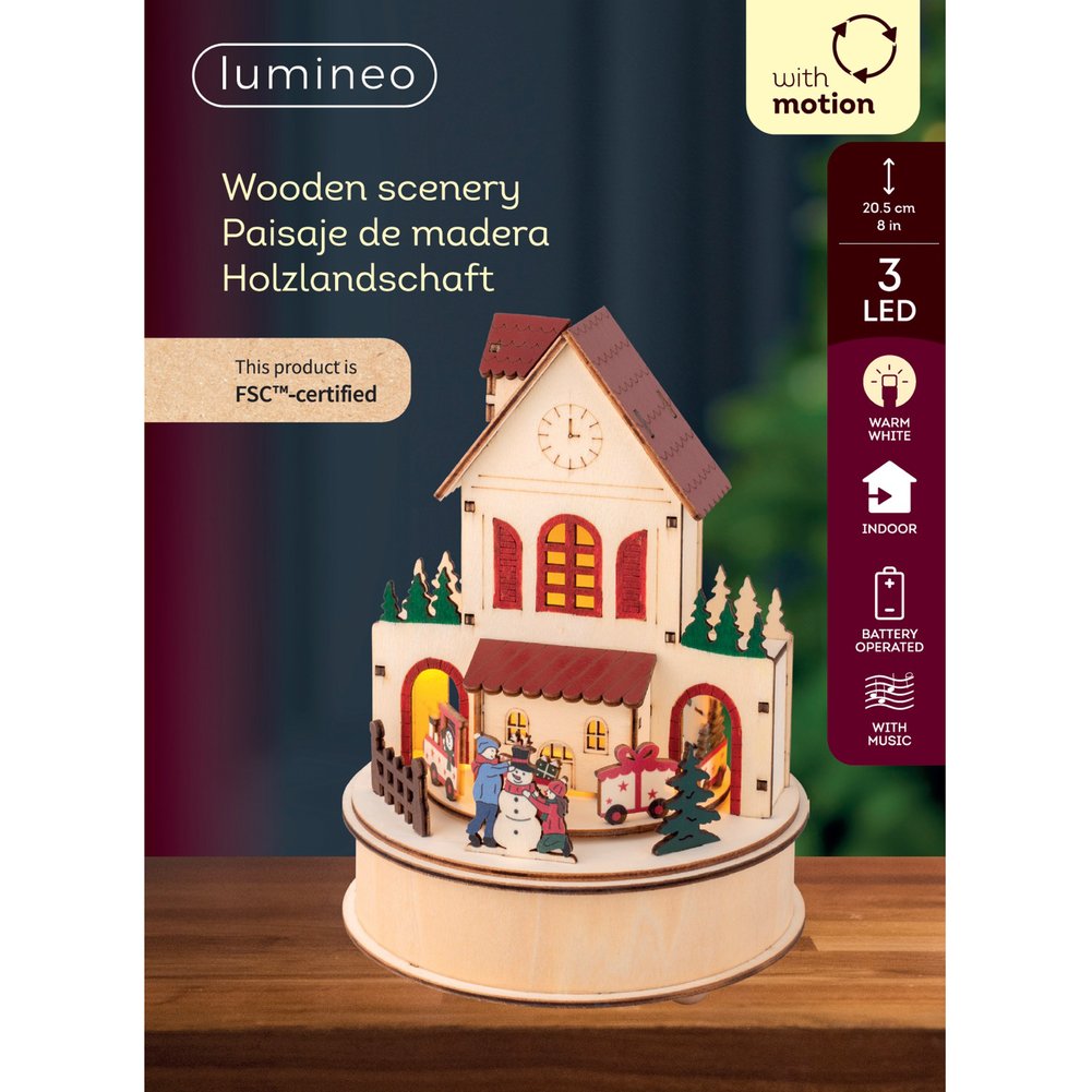 Casetta luminosa led con trenino in legno, movimento e musica, dim.15cm 1