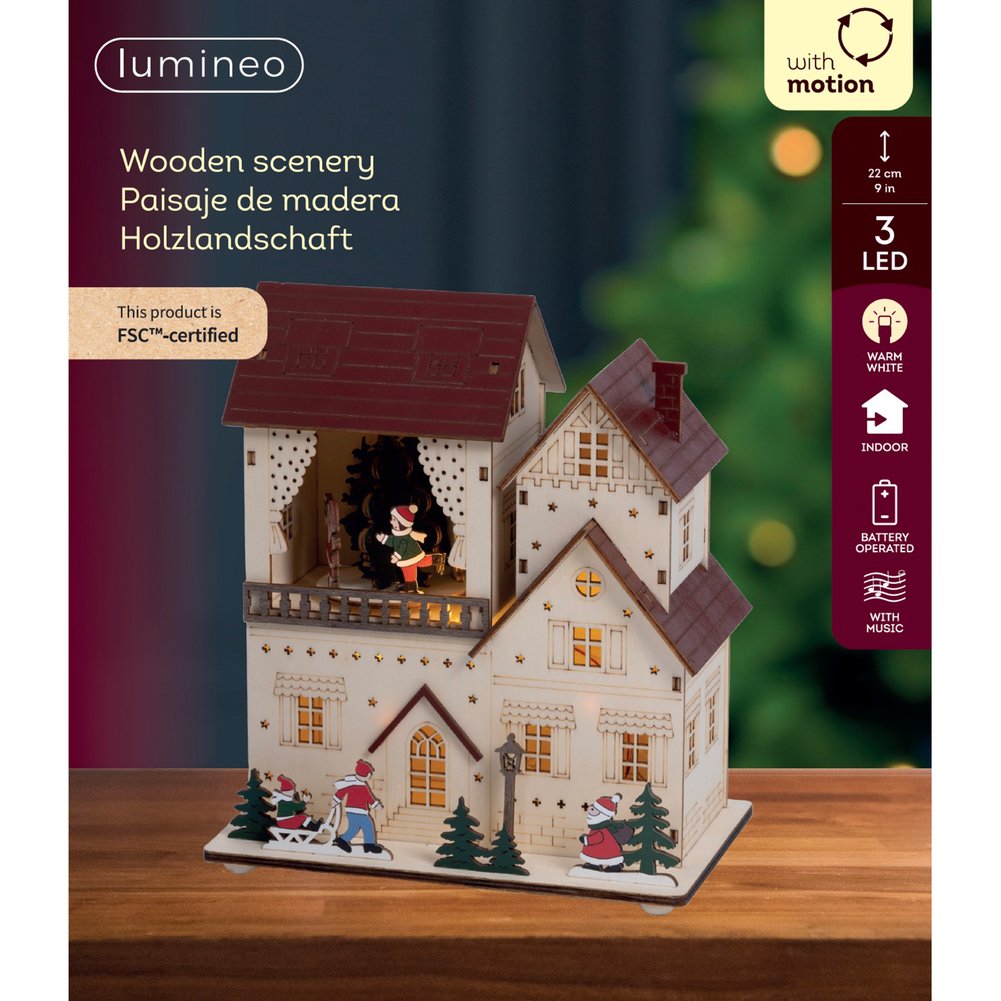 Villa con terrazzo in legno, decorazione luminosa a LED con movimento e musica, 22cm 1