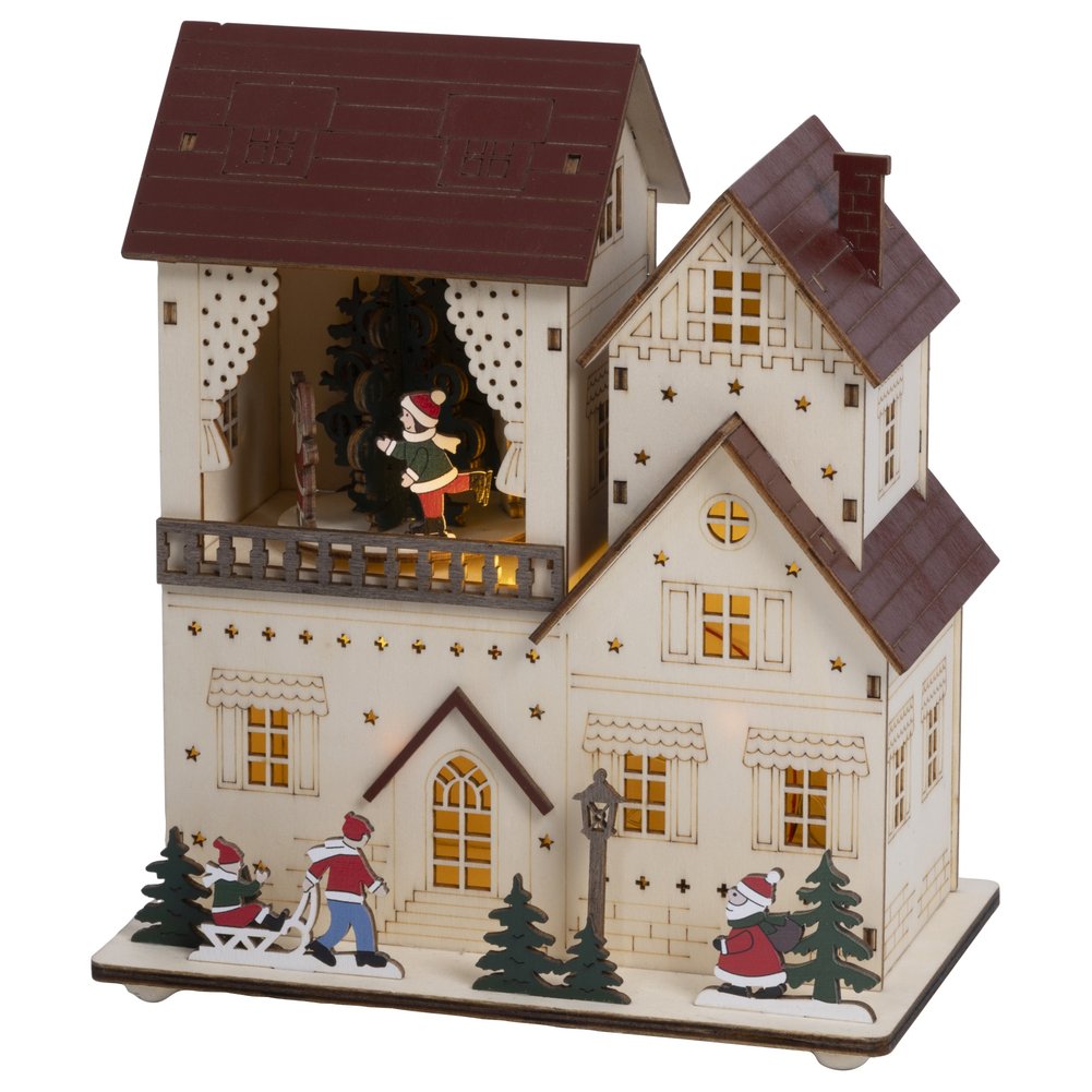 Villa con terrazzo in legno, decorazione luminosa a LED con movimento e musica, 22cm 2
