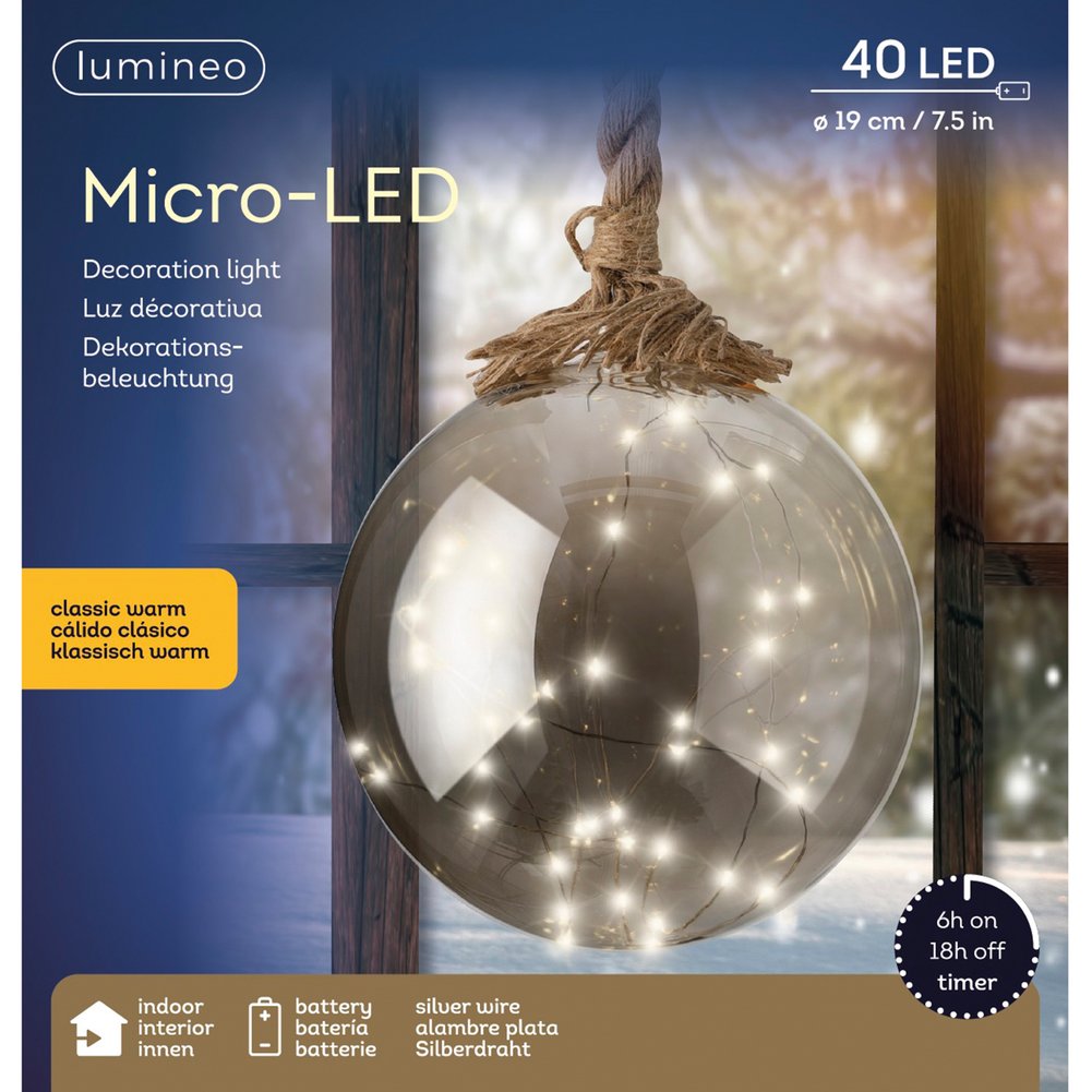 Sfera luminosa LED in vetro fumè con corda di iuta, luce fissa, 40 LED, a batteria, per interno, 19cm 1