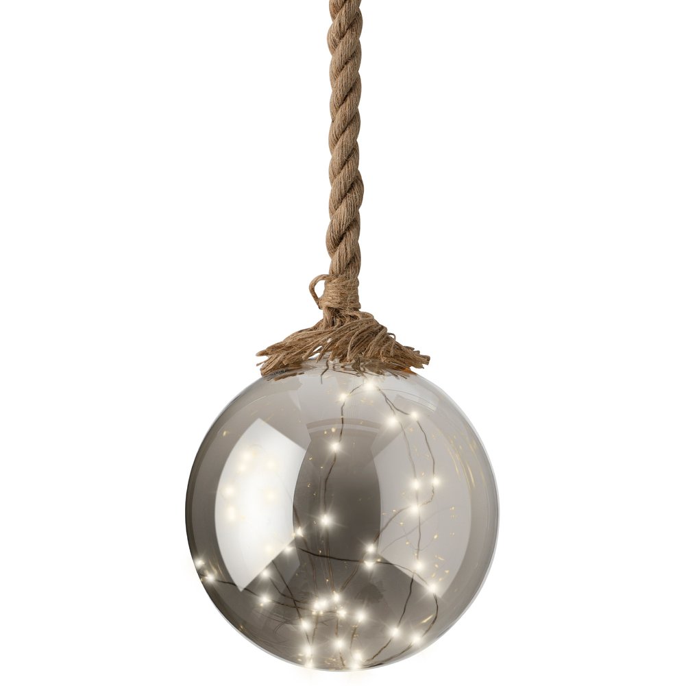 Sfera luminosa LED in vetro fumè con corda di iuta, luce fissa, 40 LED, a batteria, per interno, 19cm 2