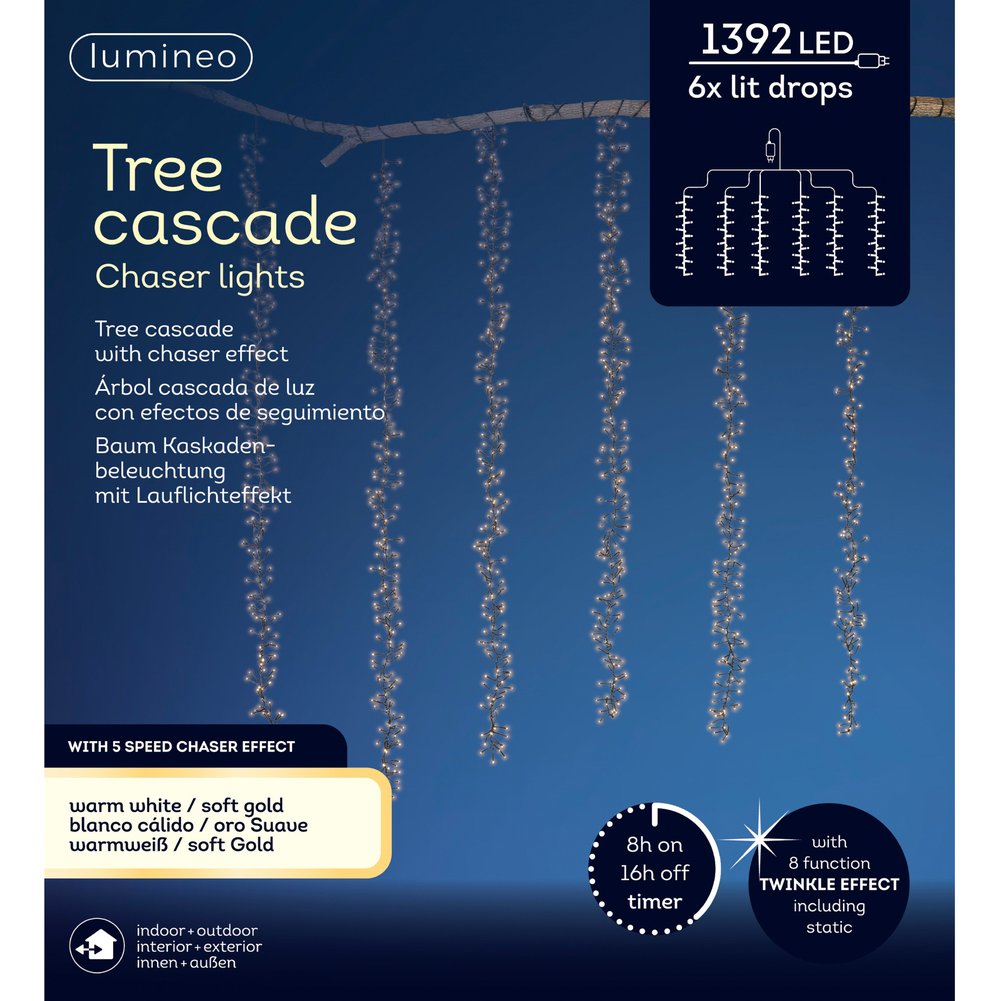 Tenda luminosa a cascata 1392 LED bianco caldo/oro chiaro, 180cm per esterno 1