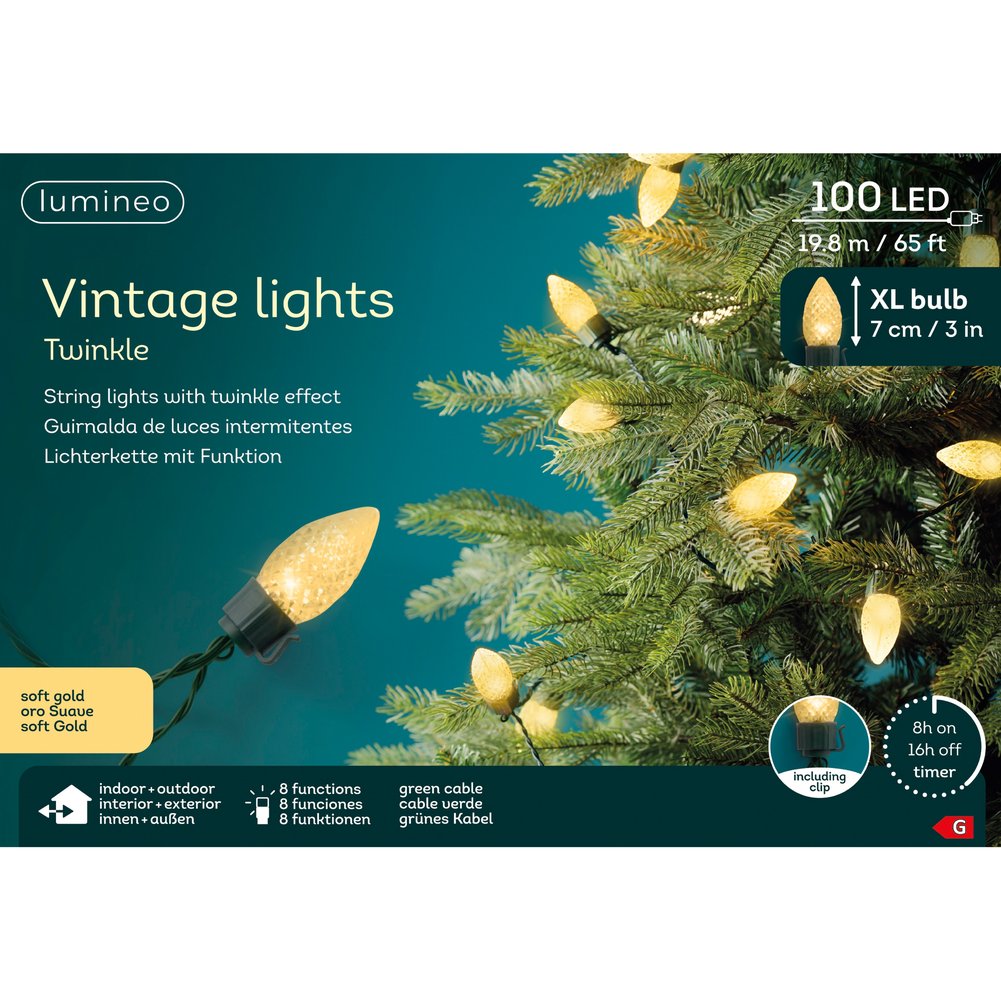 Filo di luci 100 LED vintage XL soft gold, effetto twinkle 8 cavo verde 19,8 m per esterno 1