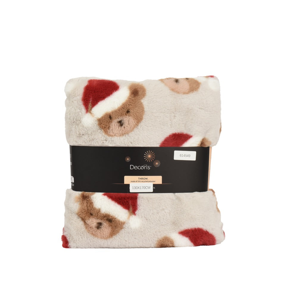 Coperta plaid in pile stampa orso, beige, 170x130cm 1
