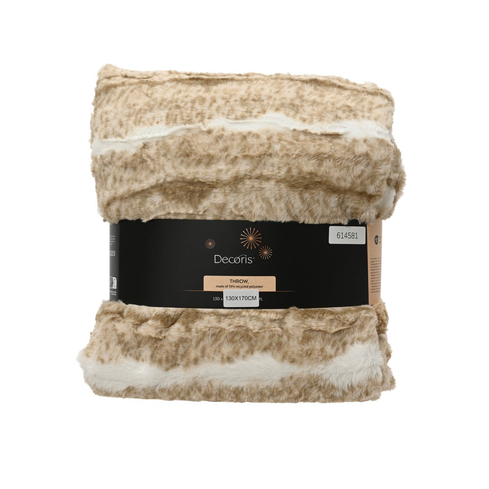 Coperta plaid effetto pelliccia coniglio a righe, marrone chiaro, 170x130cm 1