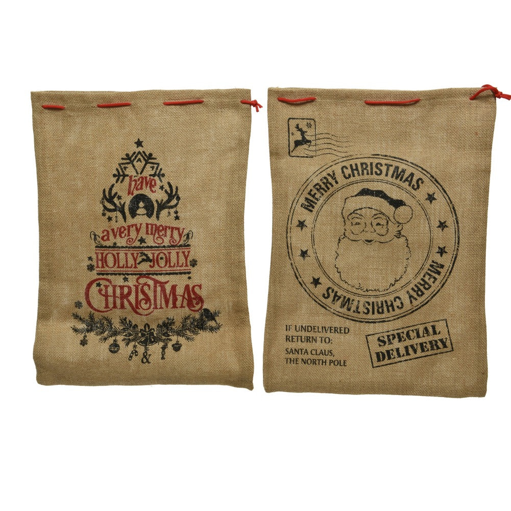 Sacco porta regali in tessuto juta beige con stampa natalizia 50x70cm, 2 varianti assortite 1pezzo 1