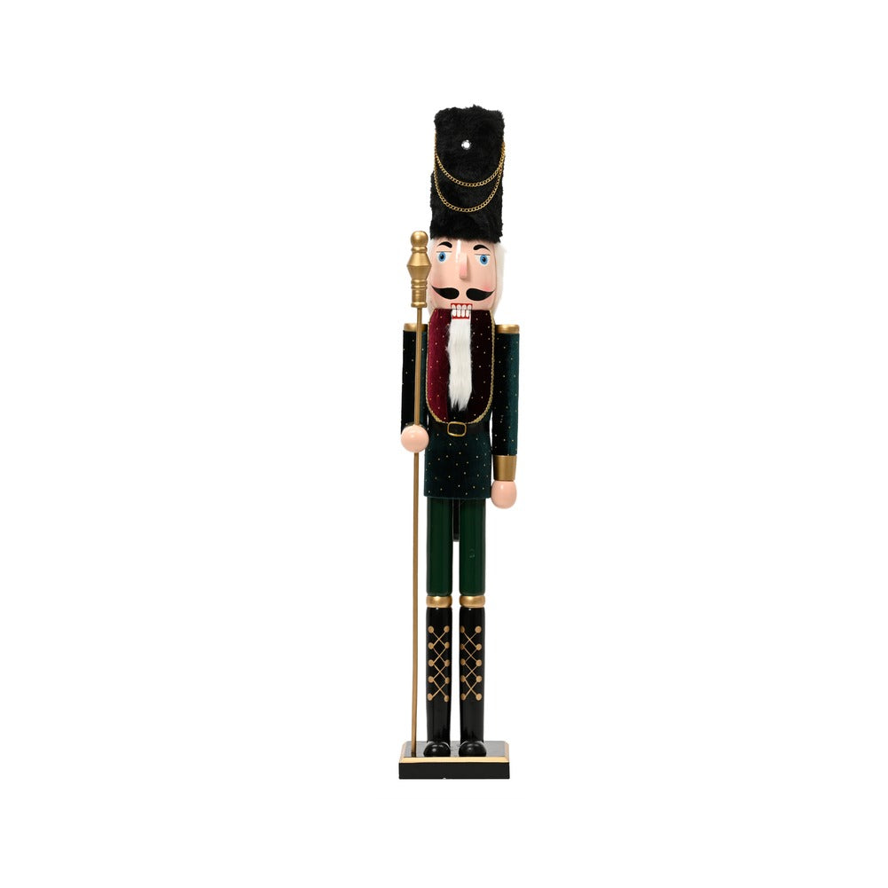Soldatino Nutcracker in legno di pino verde con velluto e glitter oro 89cm 1