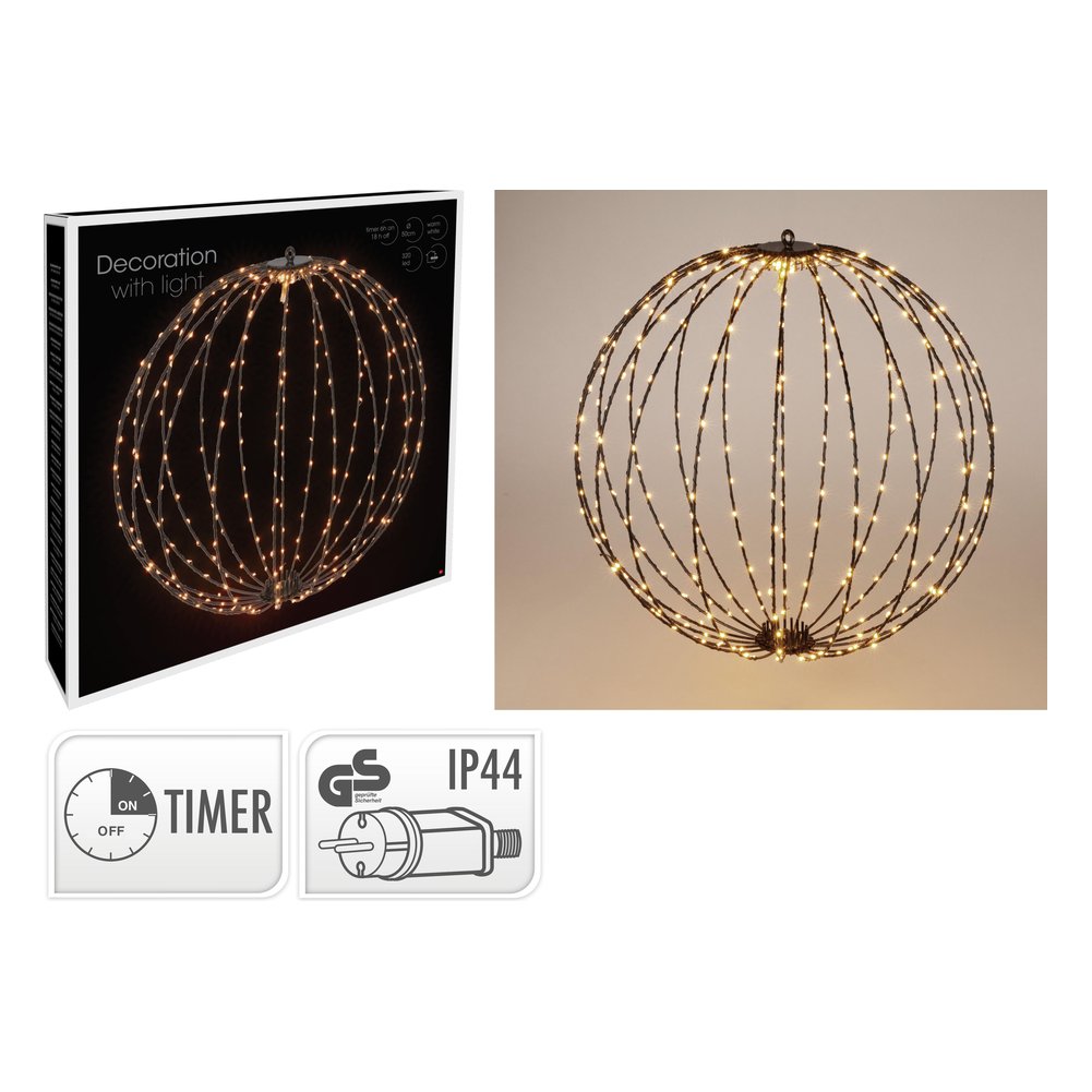 Sfera luminosa pieghevole in metallo nero Ø 50 cm con 320 LED bianco caldo e timer 1