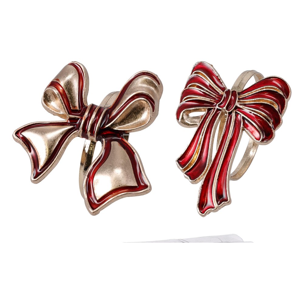 Set 4 portatovaglioli a fiocco in metallo oro e rosso 5x5 cm – 1 set, design assortito 1