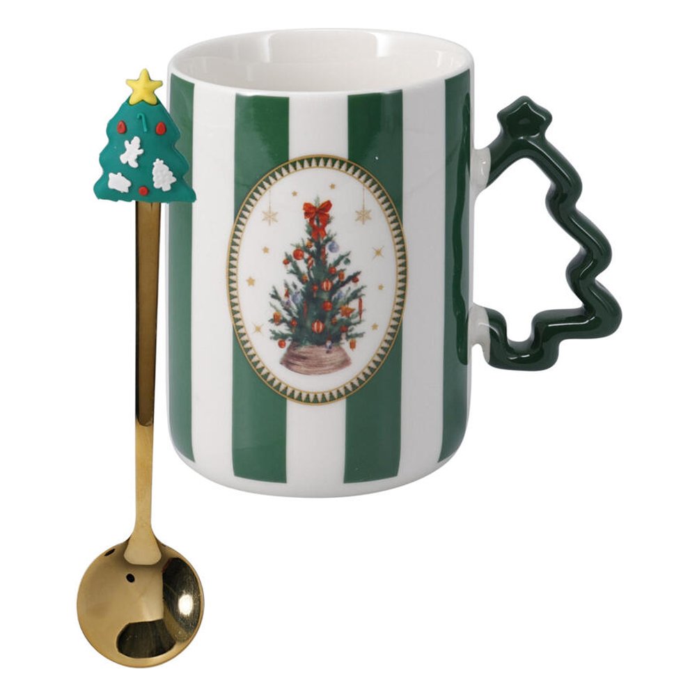 Tazza mug natalizia a righe con manico ad albero e cucchiaino – 1 pezzo, colore assortito 3