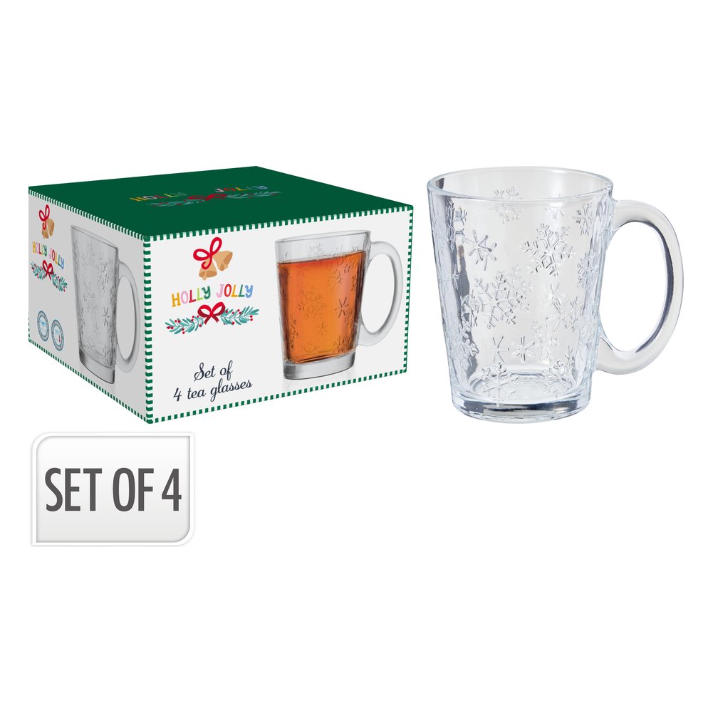 Set 4 tazze da tè in vetro temperato con fiocchi di neve in rilievo 300 ml