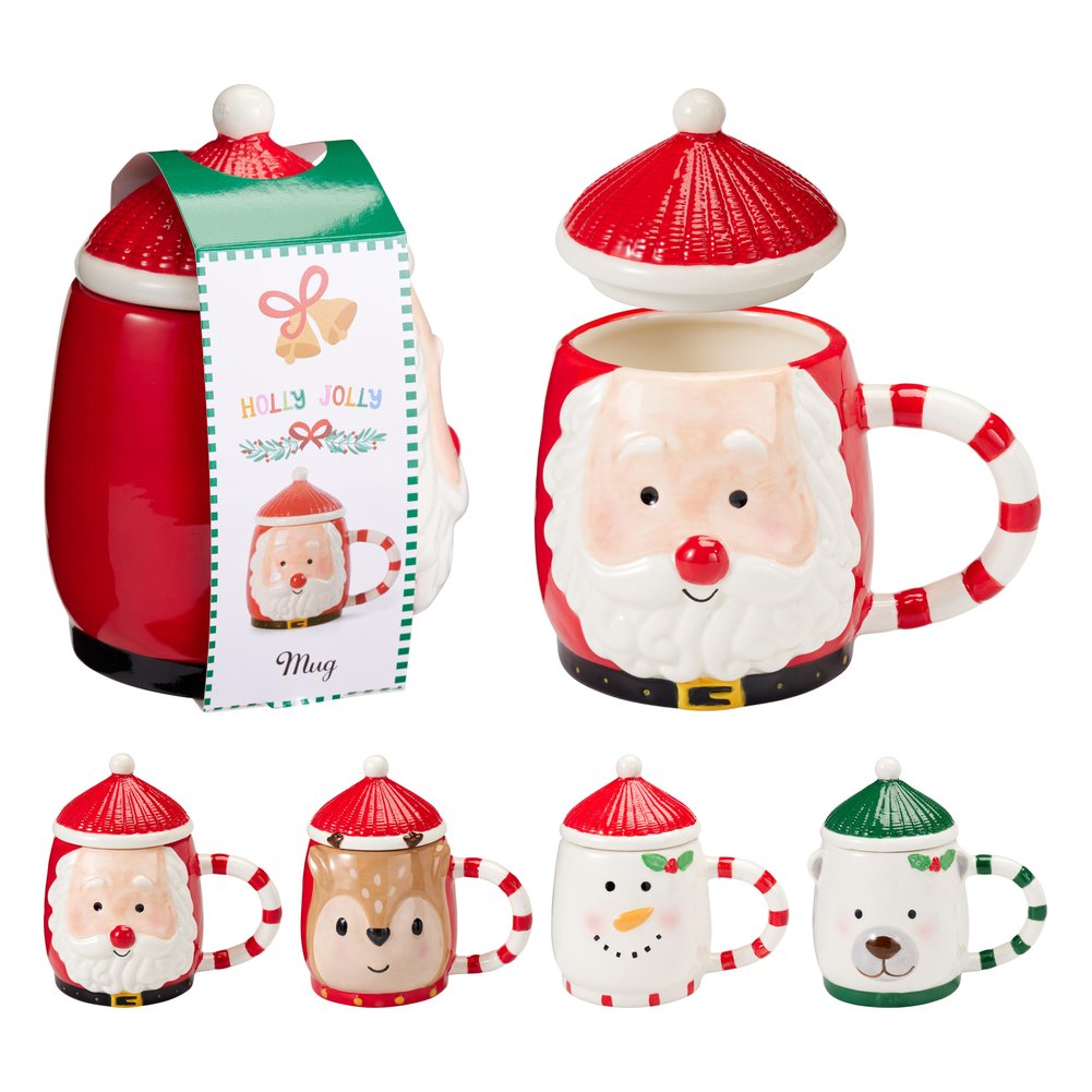 Tazza mug natalizia con coperchio a cappello in ceramica 370 ml – foto 1: i 4 soggetti disponibili