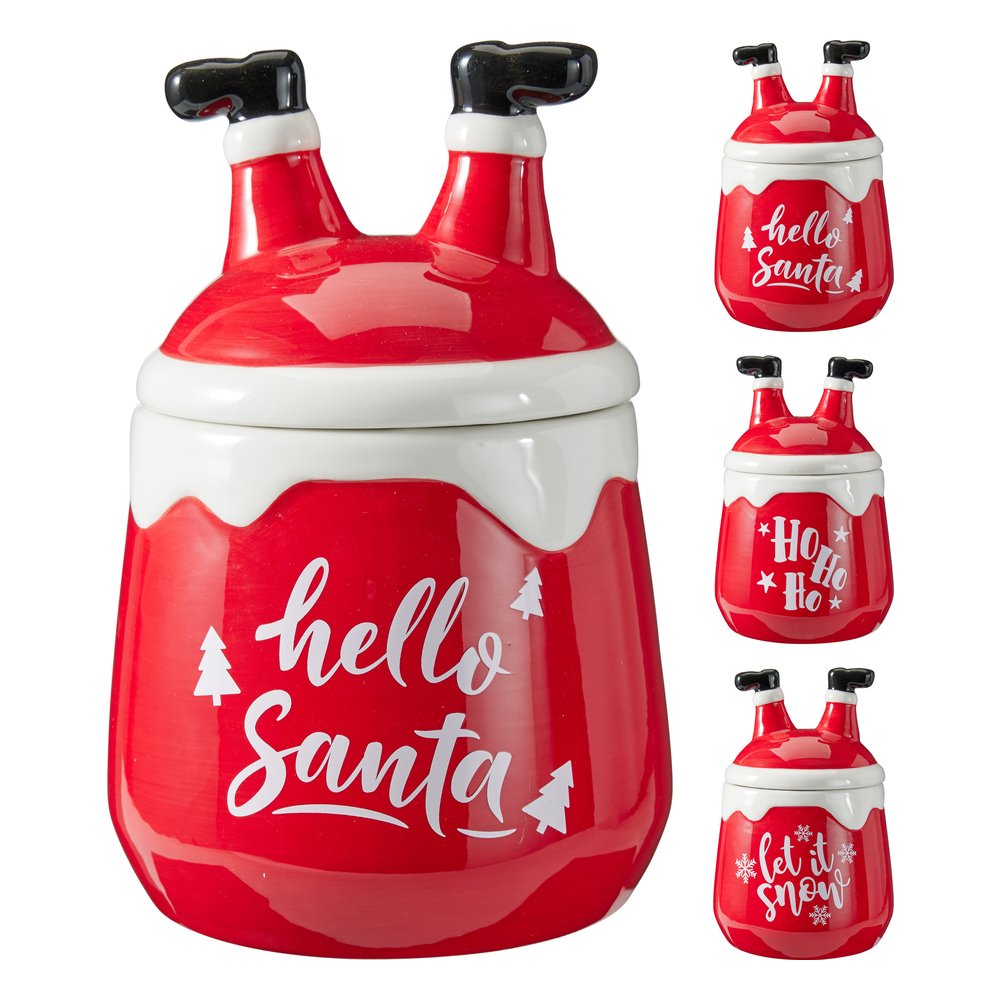 Barattolo biscottiera in ceramica con gambe di Babbo Natale 20 cm – 1 pezzo, scritta assortita 1