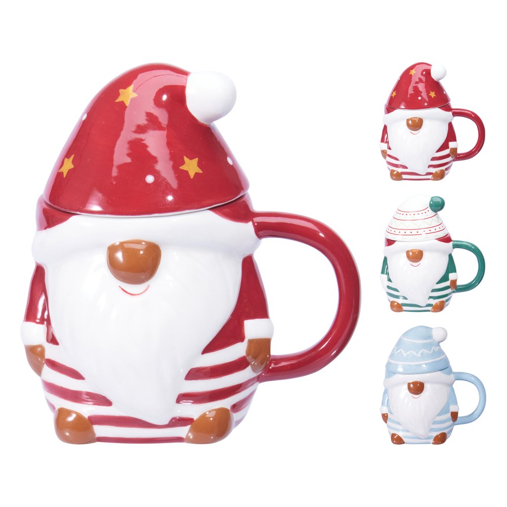 Tazza mug natalizia a forma di gnomo con coperchio in ceramica 440 ml – 1 pezzo, colore assortito 1