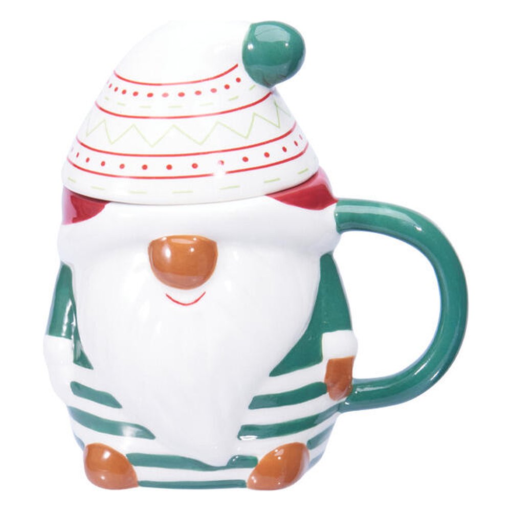 Tazza mug natalizia a forma di gnomo con coperchio in ceramica 440 ml – 1 pezzo, colore assortito 3