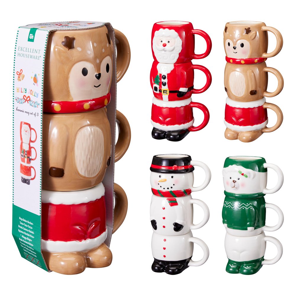Set 3 tazzine espresso impilabili in ceramica a forma di personaggio natalizio 90 ml – 1 set, soggetto assortito 1