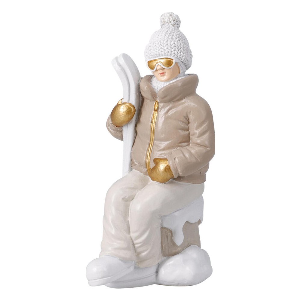 Statuina bambino sciatore seduto con sci in resina bianco e oro 15 cm – 1 pezzo, soggetto assortito 2