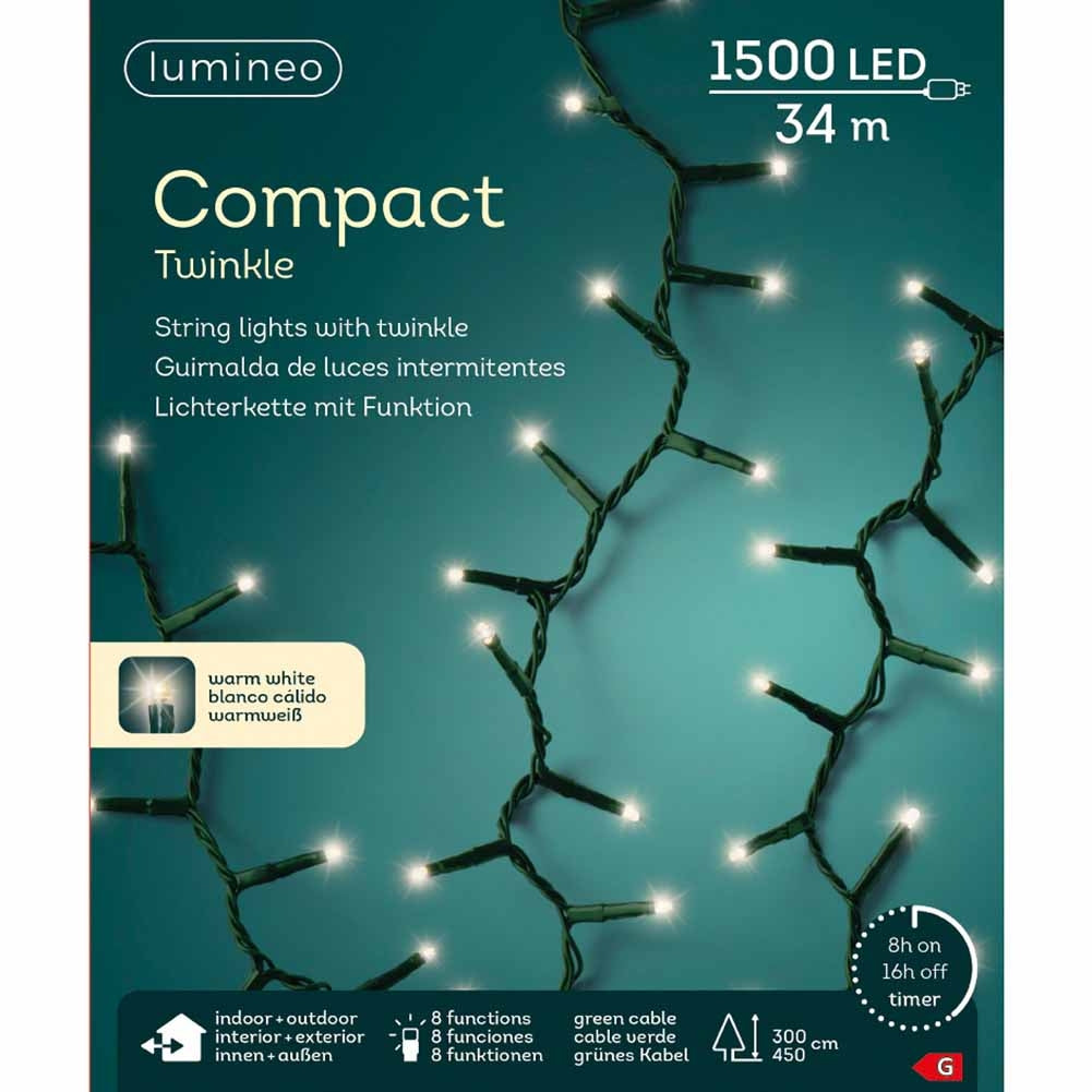 Catena luminosa 1500 led compact luce calda filo verde con giochi di luce 34m 1