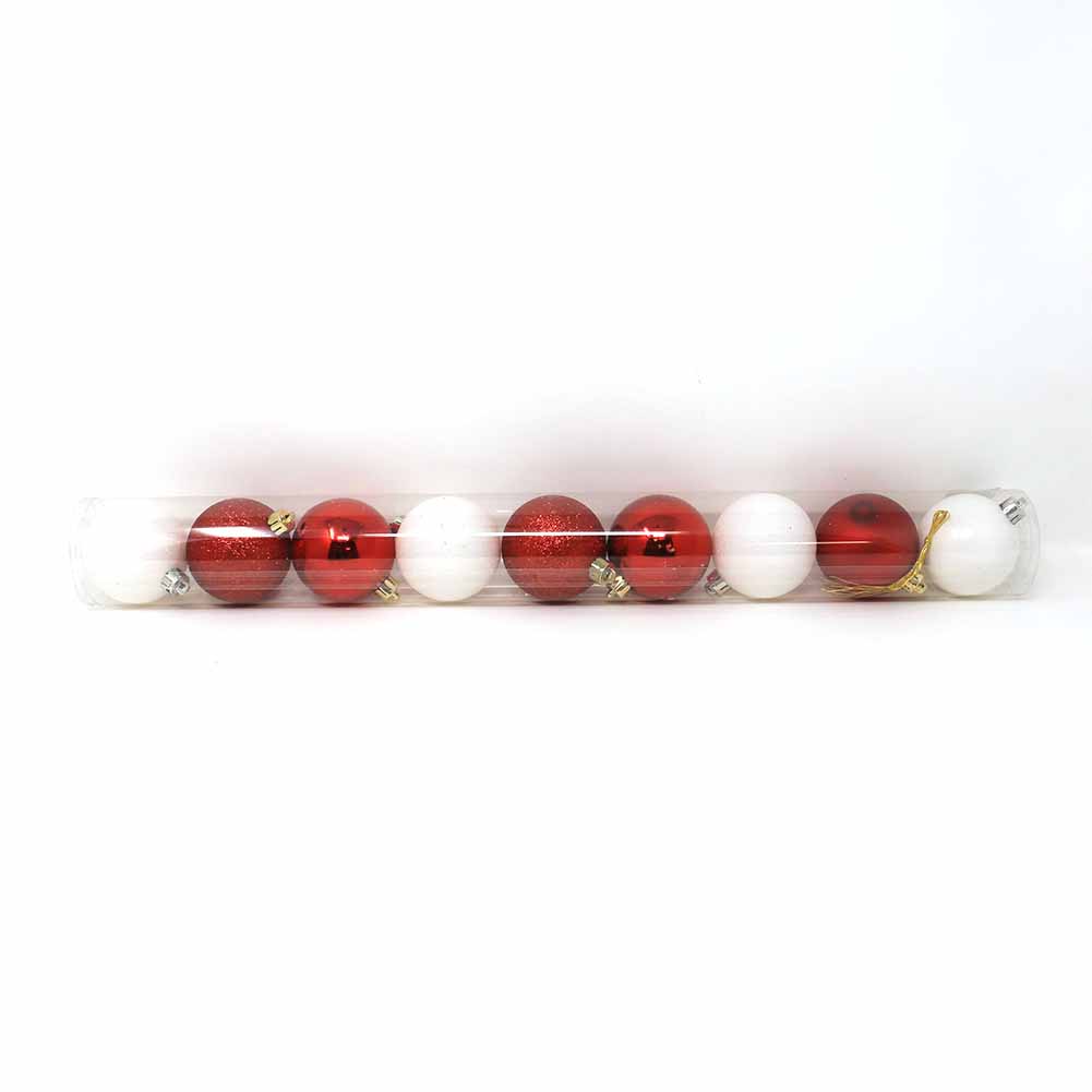 Tubo 9 Palline di Natale in Plastica 6cm Rosso e Bianco 1