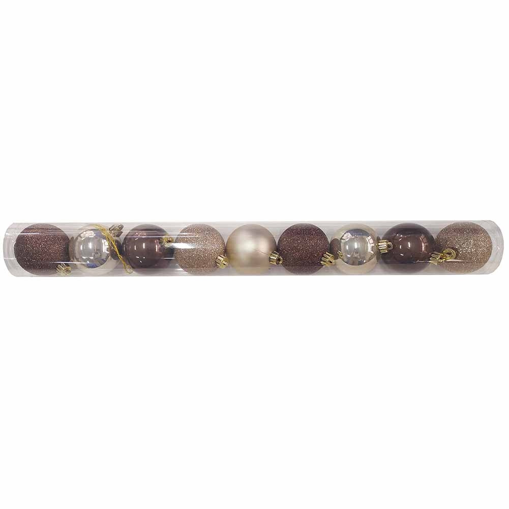 Tubo 9 Palline di Natale in Plastica 6cm Marrone perla 1
