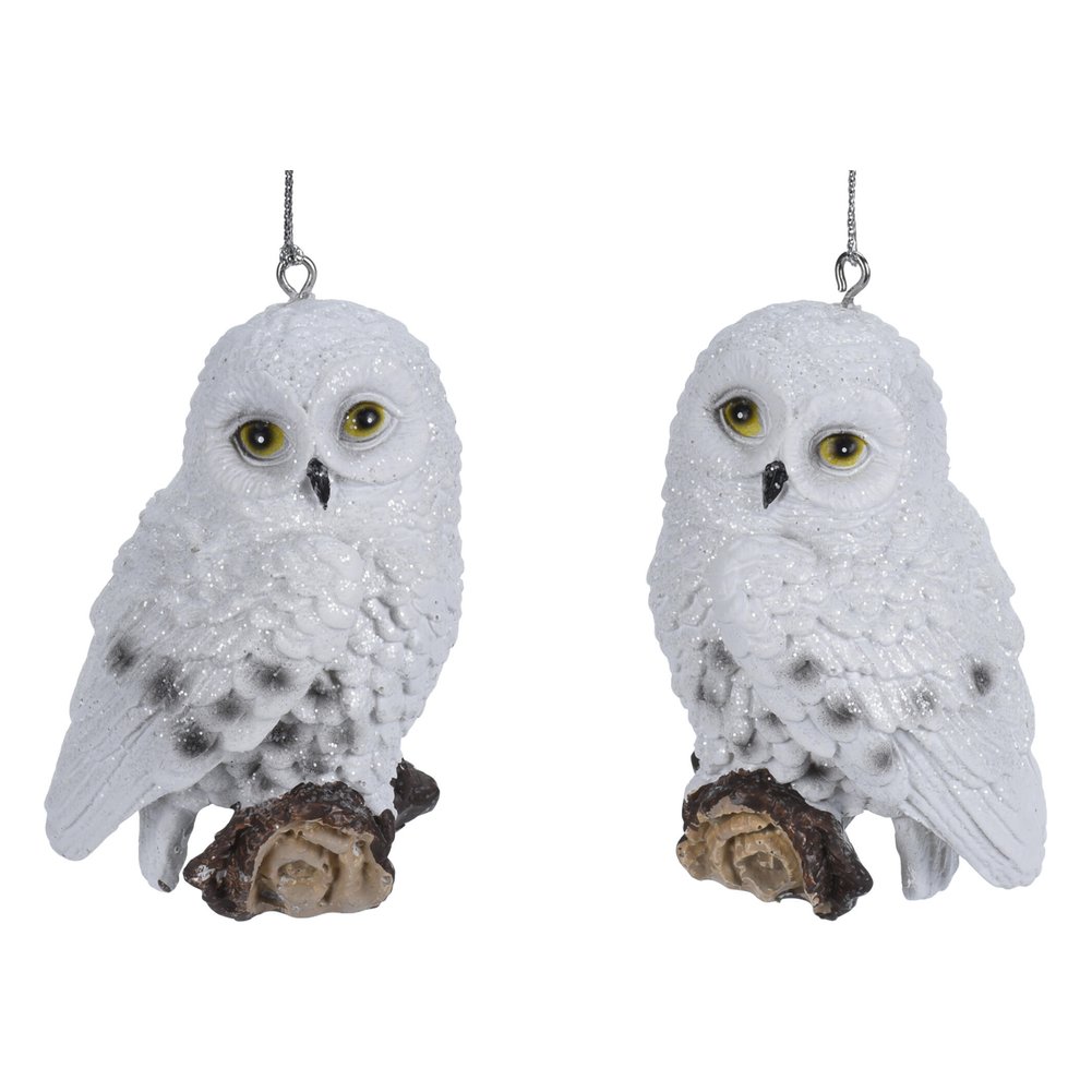 Gufo delle nevi su tronco da appendere in resina glitterata 9 cm – 1 pezzo, design assortito 2