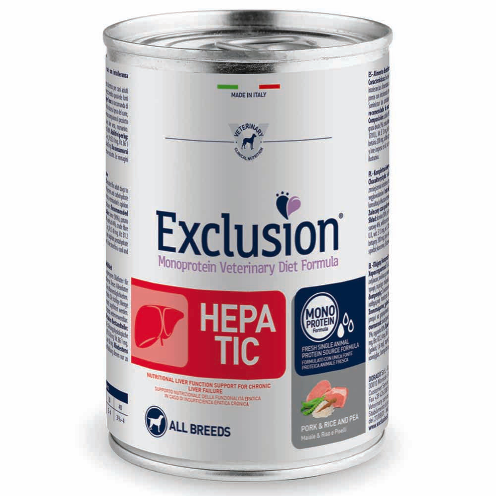 Exclusion Hepatic Maiale Riso e Piselli 400g per Cani Adulti 1