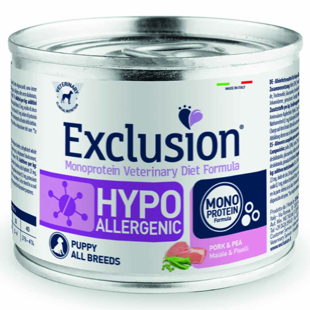 Exclusion Hypoallergenic Puppy Maiale e Piselli 200g per Cuccioli 1