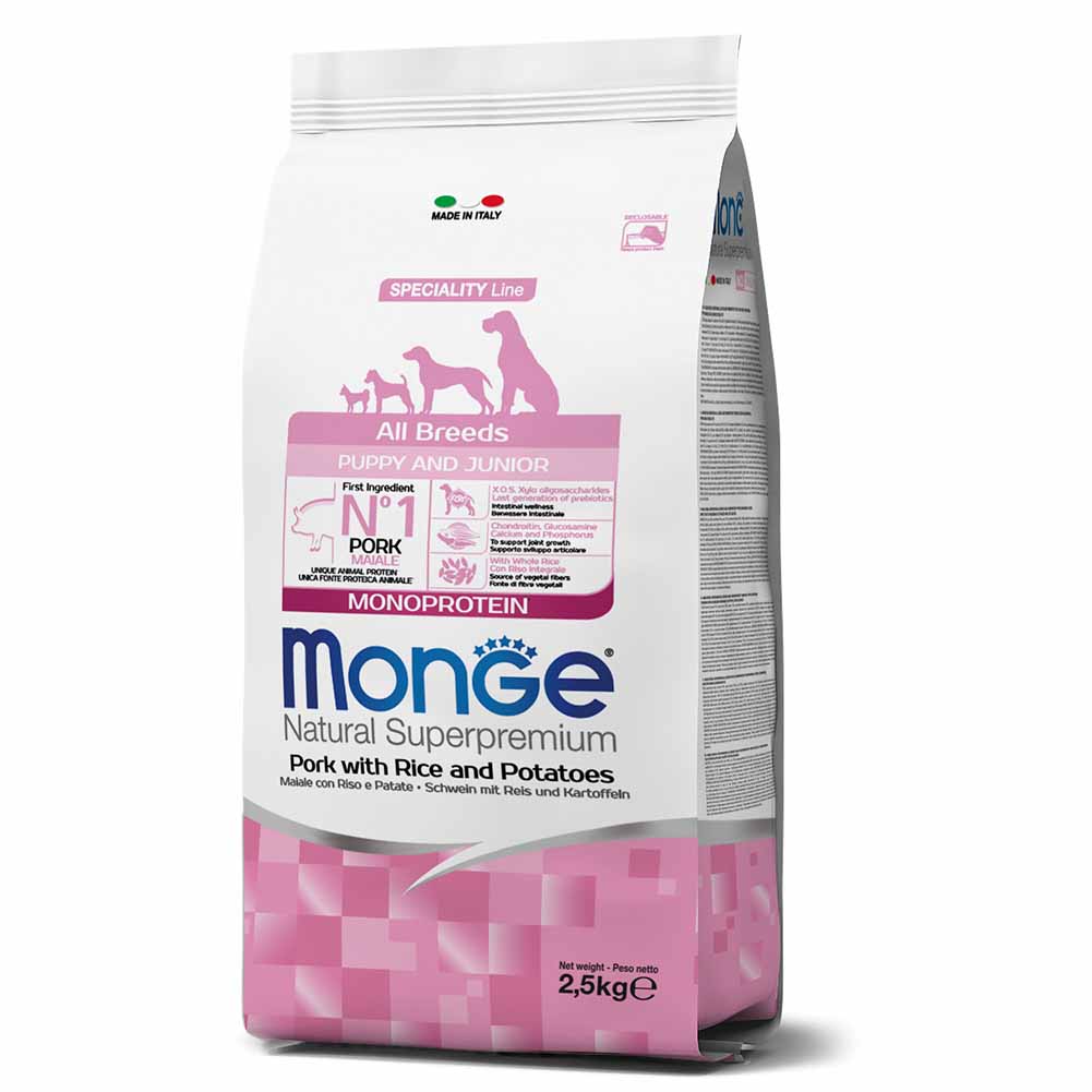 Alimento cane Monge superpremium all breeds puppy e junior Maiale riso e patate 2,5kg 1