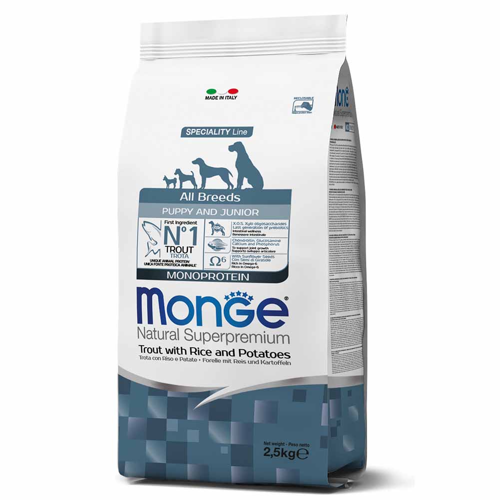 Alimento cane Monge superpremium all breeds puppy e junior Trota riso e patate 2,5kg 1