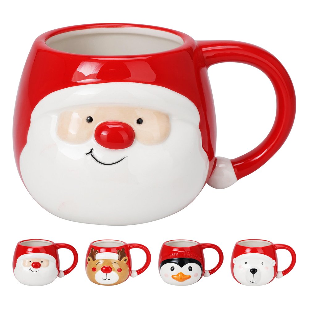 Tazza mug natalizia in ceramica con viso 3D rossa 370 ml – 1 pezzo, soggetto assortito 1